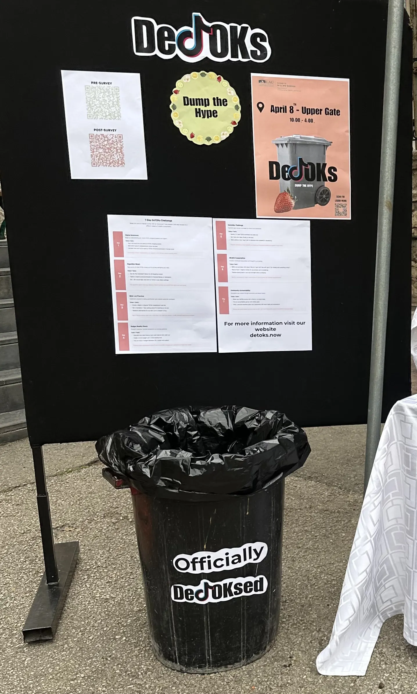 The DeTOKs booth wall with the logo, a “Dump the Hype” sticker and posters, above the black bin labelled “Officially DeTOKsed”.