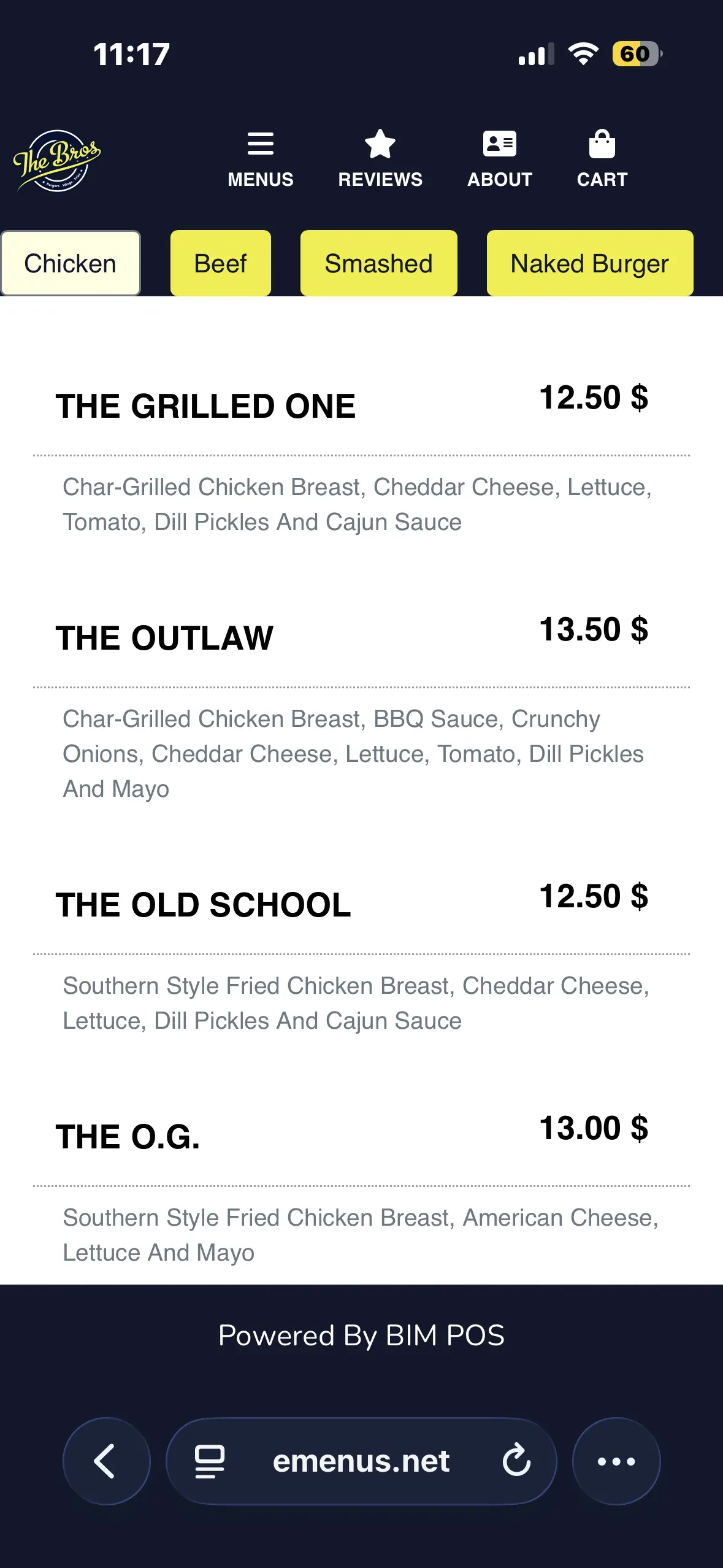 Screenshot of The Bros’ current third-party e-menu: a plain text list of burgers and prices with no photos.